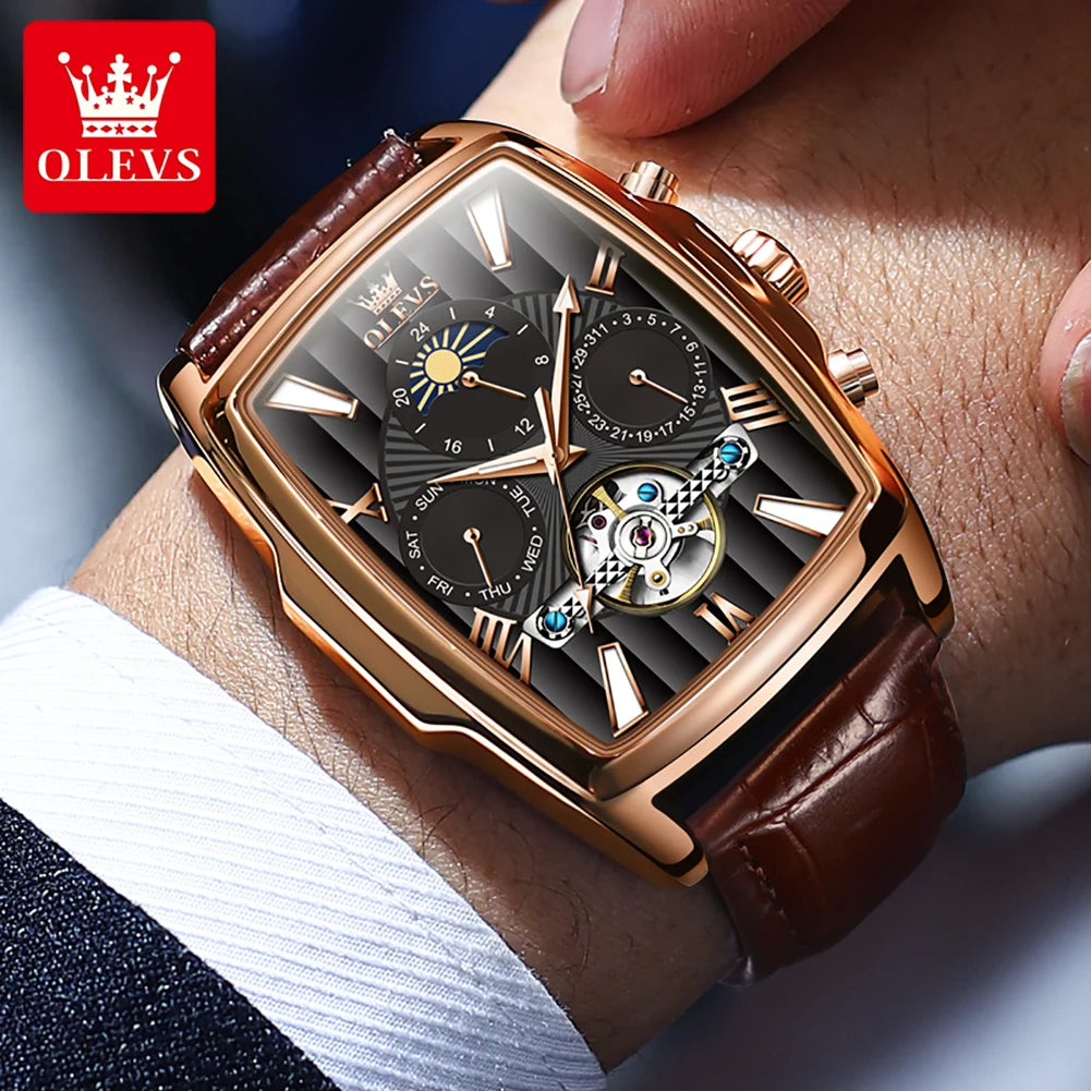 OLEVS 6675 Mens Watch Flywheel Multifunctional Chronograph Mechanical Watch Leather Strap Square Watches For Man High Quality