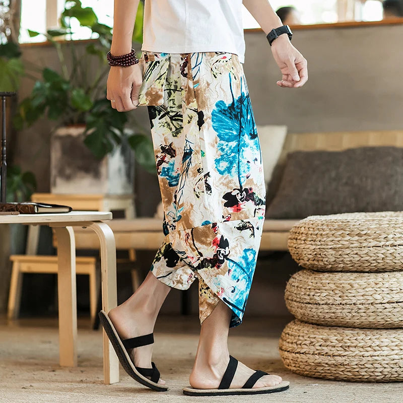 Men's Casual Cotton Linen Seven-Foot Pants Summer plus Size Lantern Loose Fit Shorts Harlan Style Comfortable Breathable Leis...