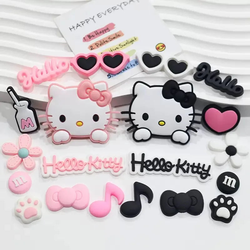 Pink & Black Relaxed Hello Kitty Cat Shoe Charms Set Cute Cat Shoe Flower Accessories For Sandals Female Girls' DIY  Decoration