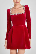 European and American Temperament Square Collar Diamond Setting Velvet Dress, Women's Spring Solid Color Long Sleeve Short Dress