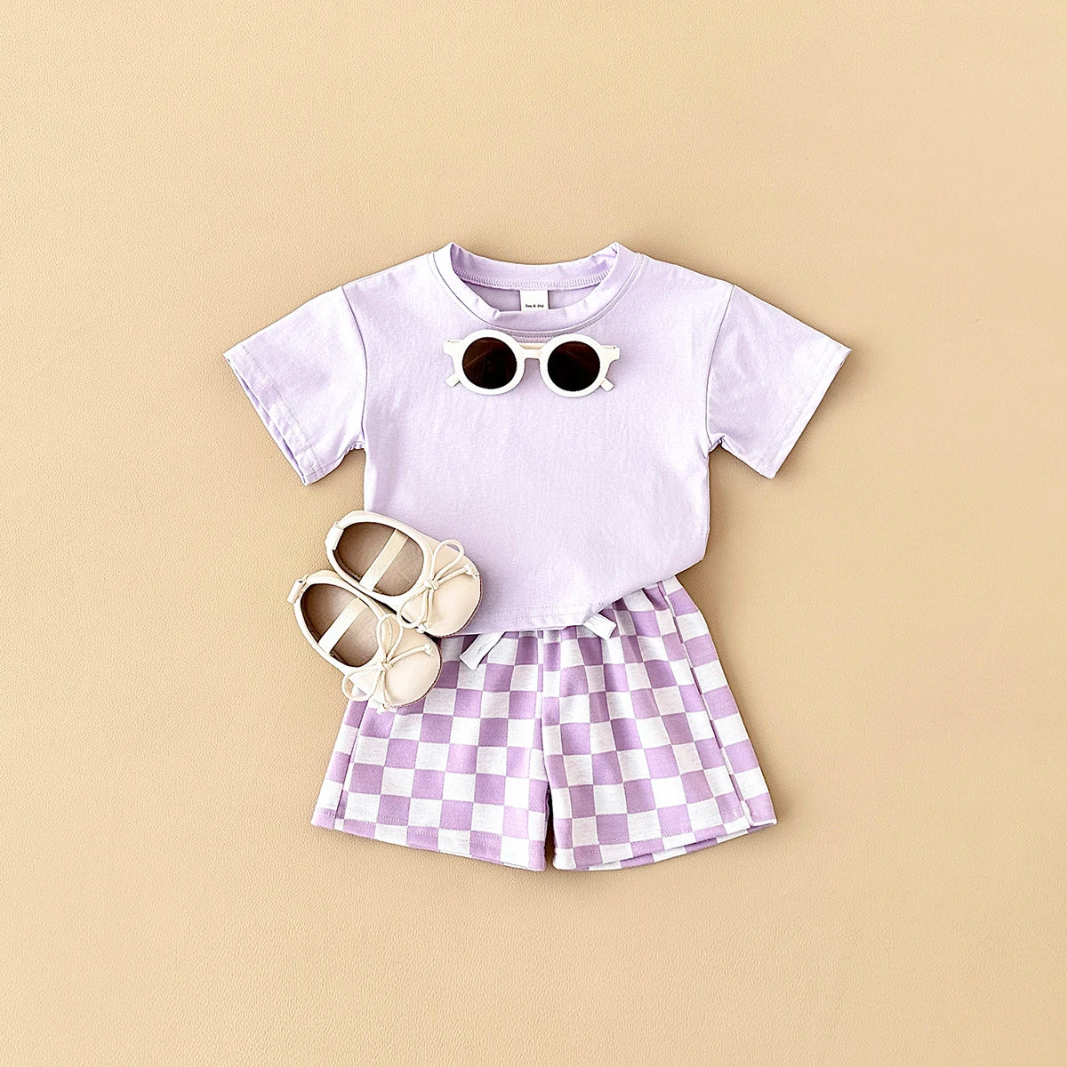 2PCS Kids Clothes Baby Boys Girls Solid Color Short Sleeve T-shirt Plaid Pattern Shorts Sets Baby Clothing Sets 0-3Y