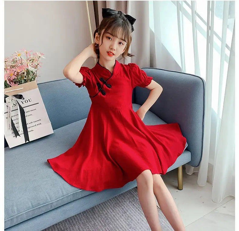 2026 Kids Girls Solid Chinese Red Cheongsam Qipao Princess Teenager New Year Dresses Clothing 4 7 8 9 10 12 14 Years