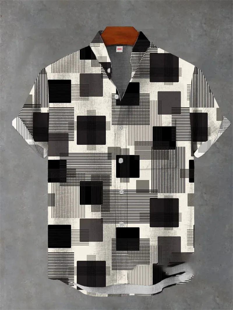 New Men's Shirt 3D Printed Linen Shirt Men's Casual Short Sleeved Top Fashionable Men's Lapel Button Up Shirt Printed T-shirt