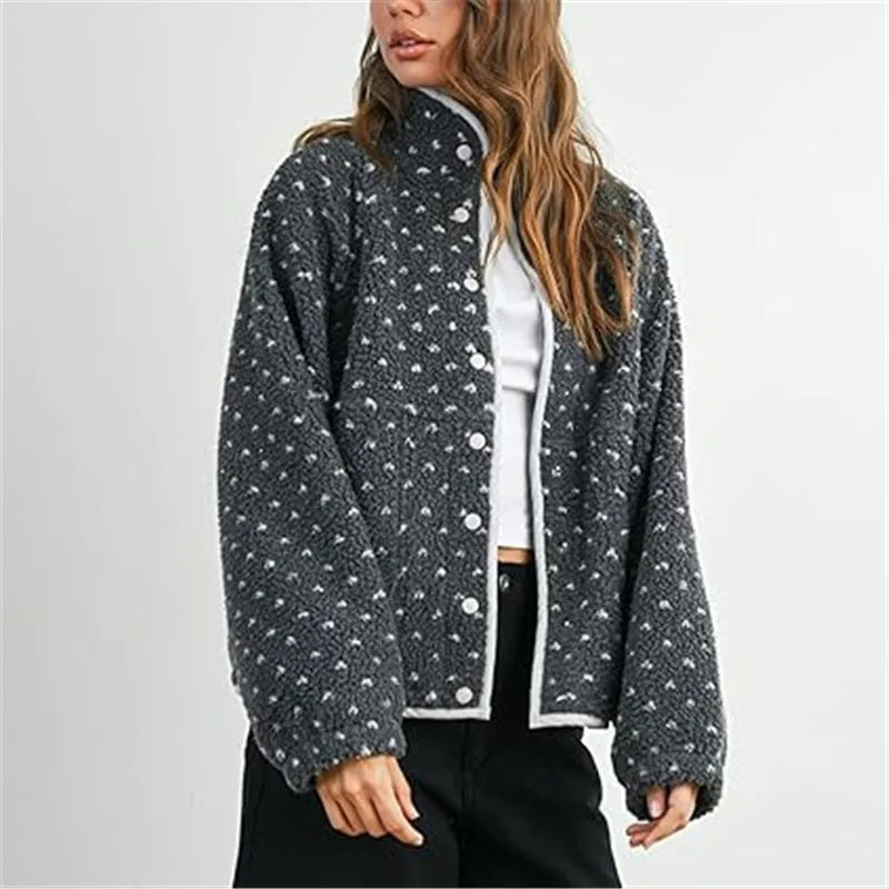 Women Y2k Heart Printed Jacket Fuzzy Zip Up Long Sleeve Warm Oversized Fall Winter Sherpa Fleece Cropped Jackets Coat Outwear