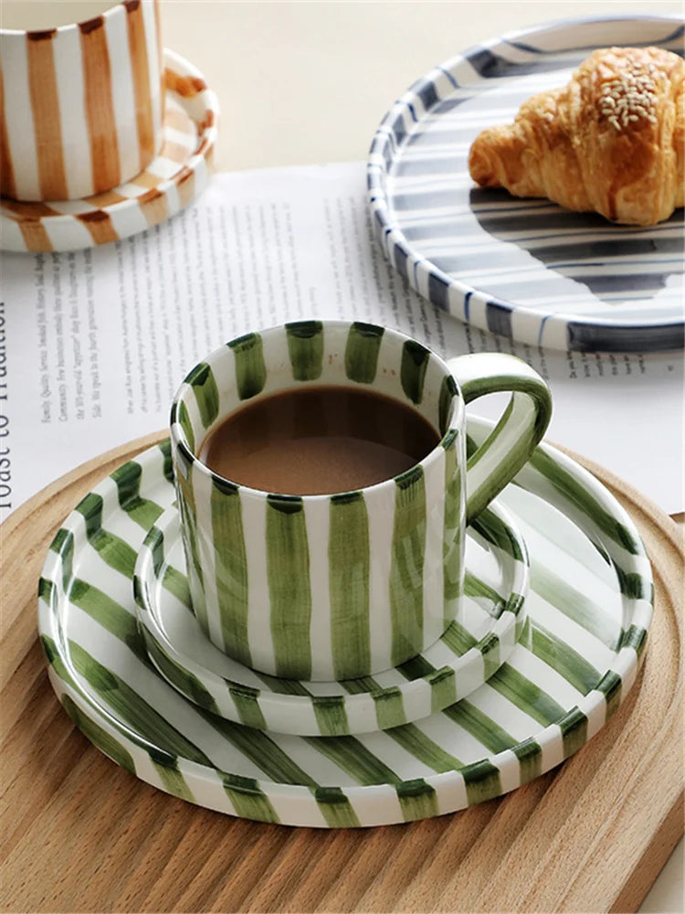280ml/9.5oz afternoon tea coffee cup, Minimalist striped hand drawn cup and plate set, ceramic milk coffee cup, household drinki