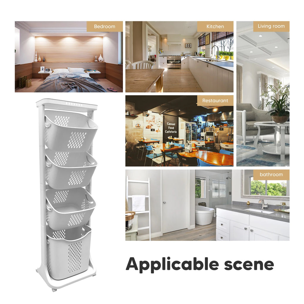 2/4 Tier Laundry Basket Cart Removable Rolling Cart Storage Buckets Plastic Hamper with 4 Wheels Organizer Portable Sort