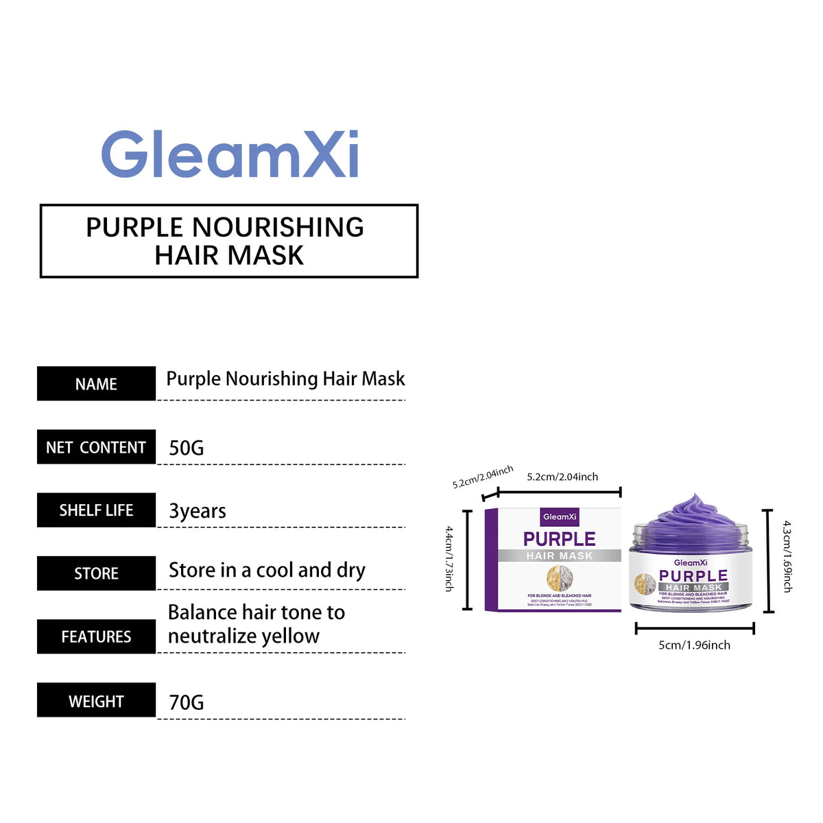 Purple Hair Mask for Blonde Bleached Hair Deep Repair Conditioning Neutralize Brass Yellow Tones Silky Soft Frizz Control 50g