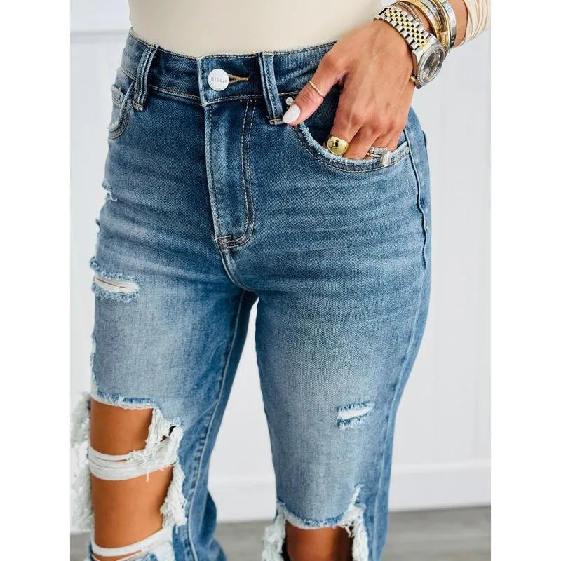 Women's Denim Pants with Mid Waist Washed and Polished White Distressed Pockets, Spring and Summer Temperament, Cropped Shorts
