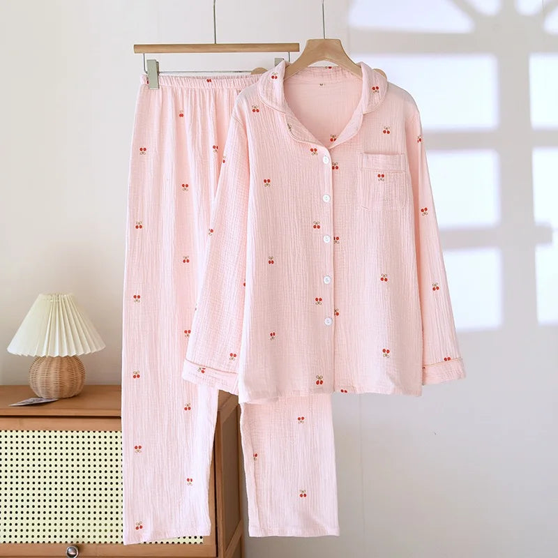 100% Cotton Women Pajamas Cherry print Pajamas Autumn Long sleeved pants Female 2 Piece Set Nightwear  Lady Pyjamas Loungewear