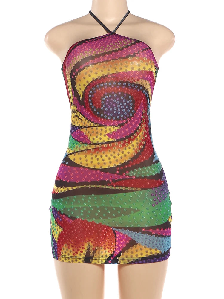 Kliou Colorful Print Mini Dress Woman Lace-Up Halter Off Shoulder Backless Skinny Wrap Hip Midnight Club Party Fashion Bodycon