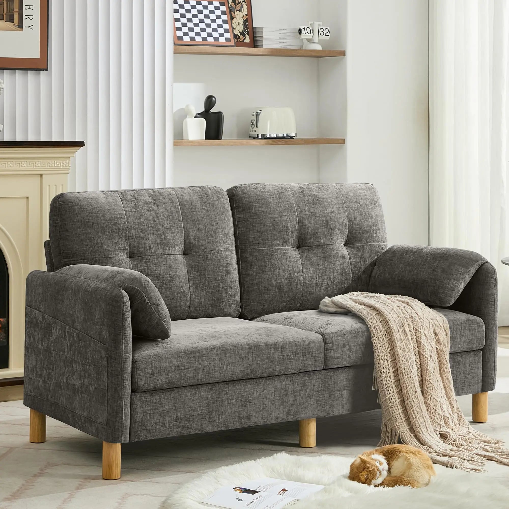 65 Inch Beige Chenille Mid Century Modern Loveseat Sofa with Padded Arms and Storage Pockets for Living Room