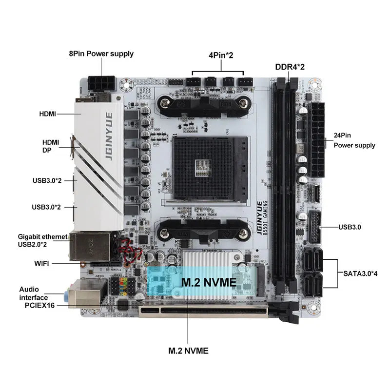 Jingyue B550i GAMING Mini ITX Motherboard DDR4 Memory Support AM4 Ryzen 5600GT/5600/5700X PCIe 4.0 Dual M.2 WiFi 6 Gaming PC