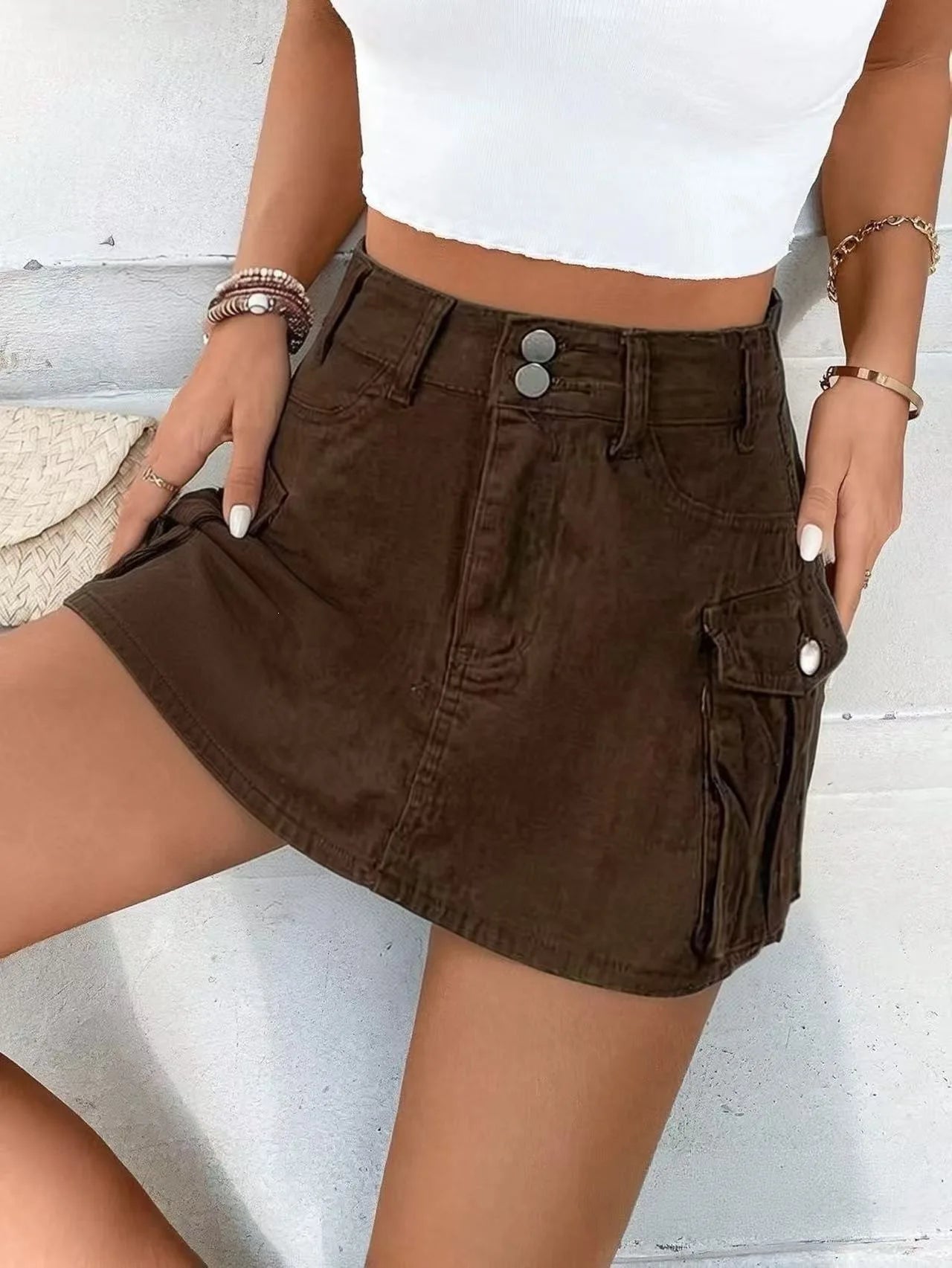 Sexy Women High Waist Cargo Denim Mini Skirt Double Button Multi Pocket A Line Short Skirt Y2K Streetwear Casual Jean Dress