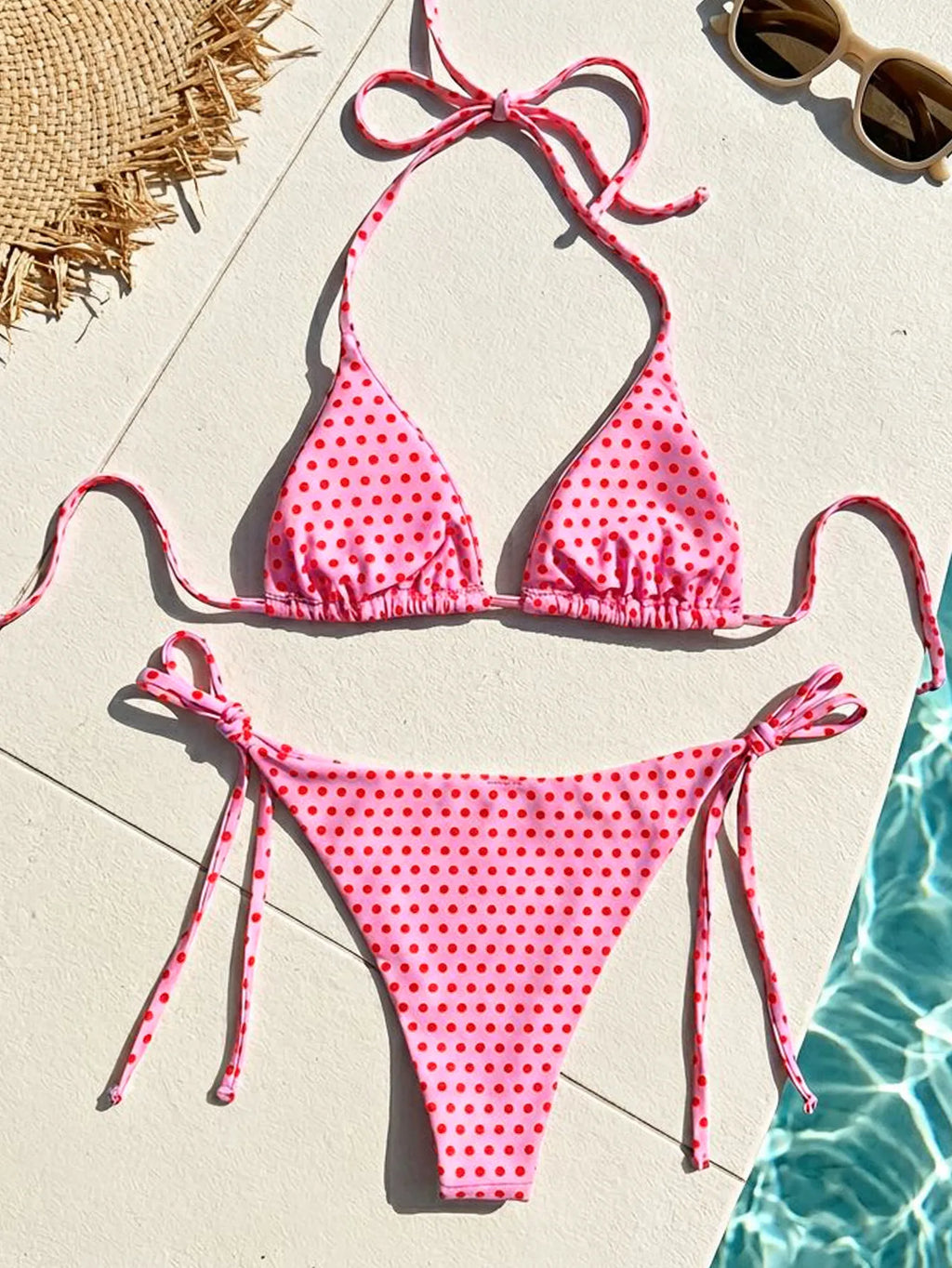2026 Retro Polka Dot Tie Side Bikini Set for Women, Sexy Push Up Halter Neck Swimwear, High Waist Beach Bathing Suit, Summer