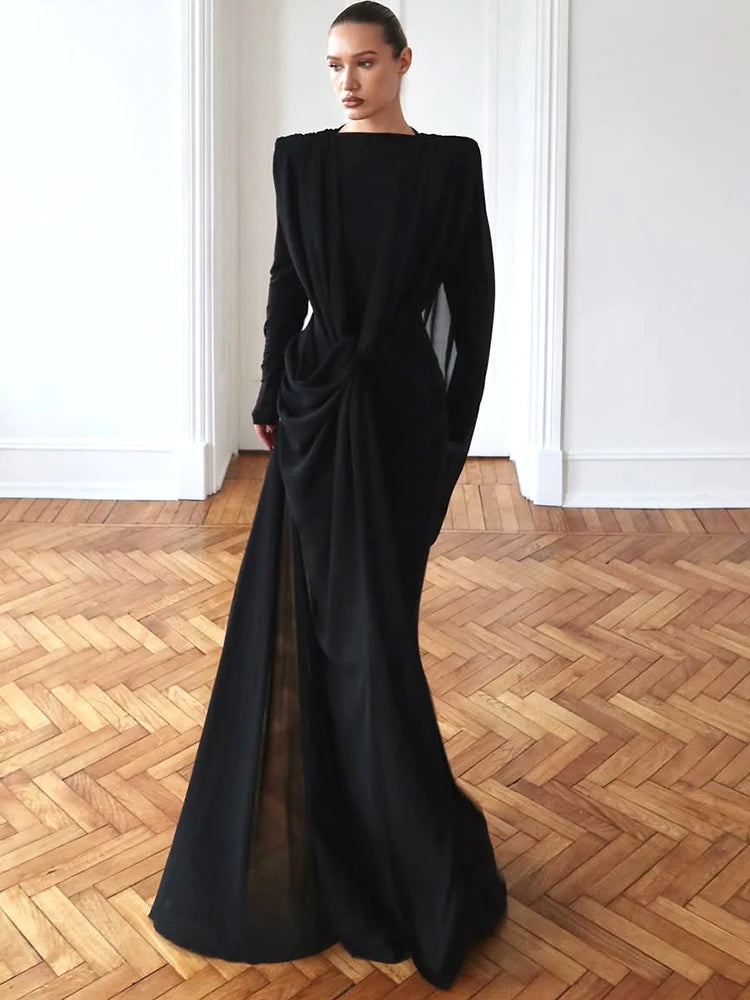 Sisterlinda Shawl Patchwork Dress Women Swing Bandage Ruched New Style Sexy Evening Prom Party Stretch Slim Elegant Maxi Bodycon