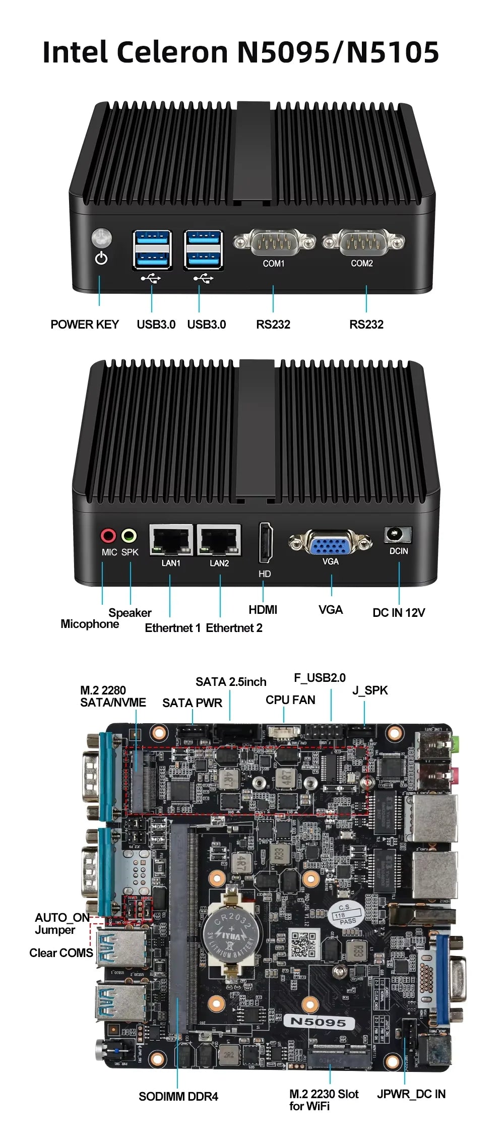 XCY Mini PC Intel Celeron J6412 Quad Cores 2x RS232/485 Dual Ethernet Mini PCIe HDMI VGA Fanless Industrial IPC Windows Linux