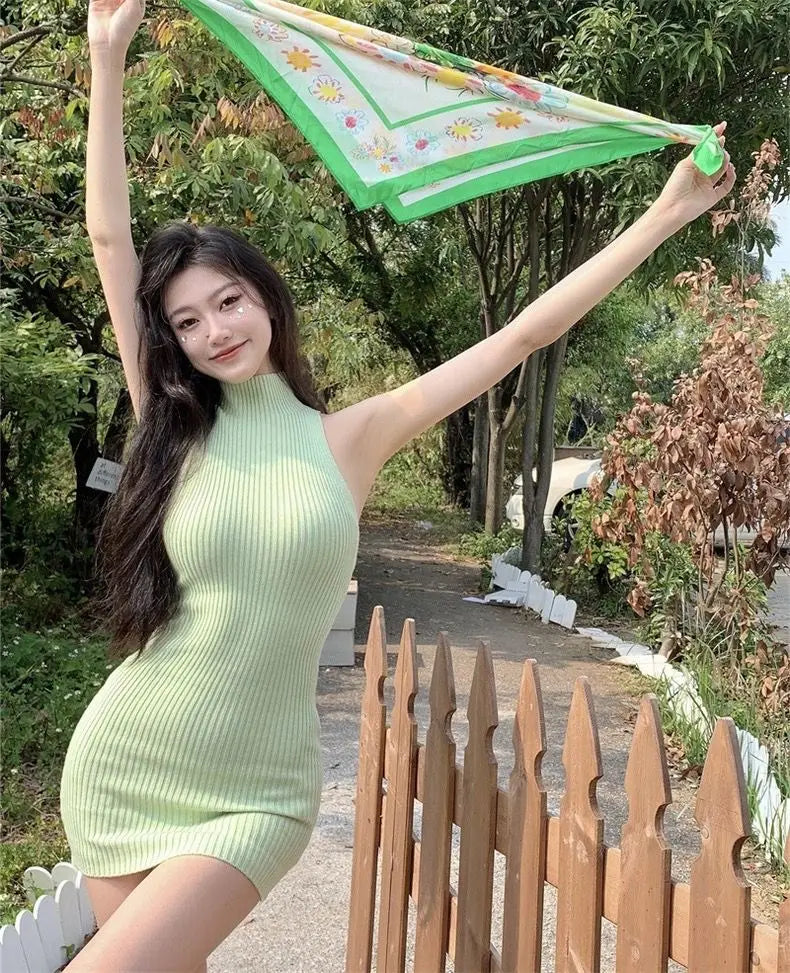 Korean Style High Neck Knitted Dress Women's Slim Fit Summer Pure Desire Design Sensual Girl Inner Wear Bodycon Skirt Trendy