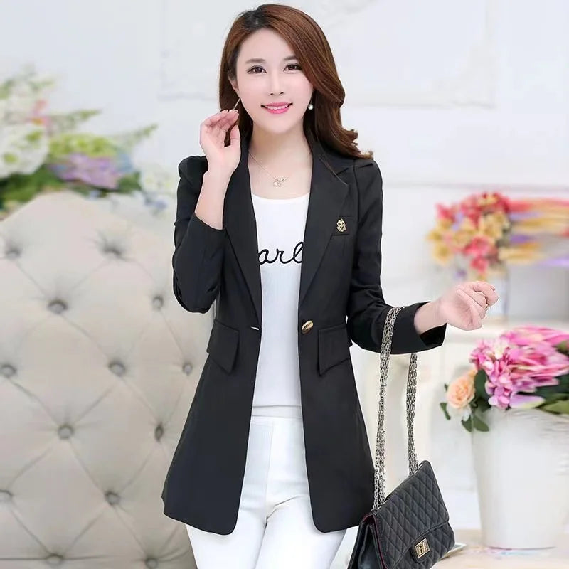 2026 New Spring Autumn Women Blazer Jacket Solid Single Button Mid Long Suit Slim Large Size Ladies Business Office Blazer Coat