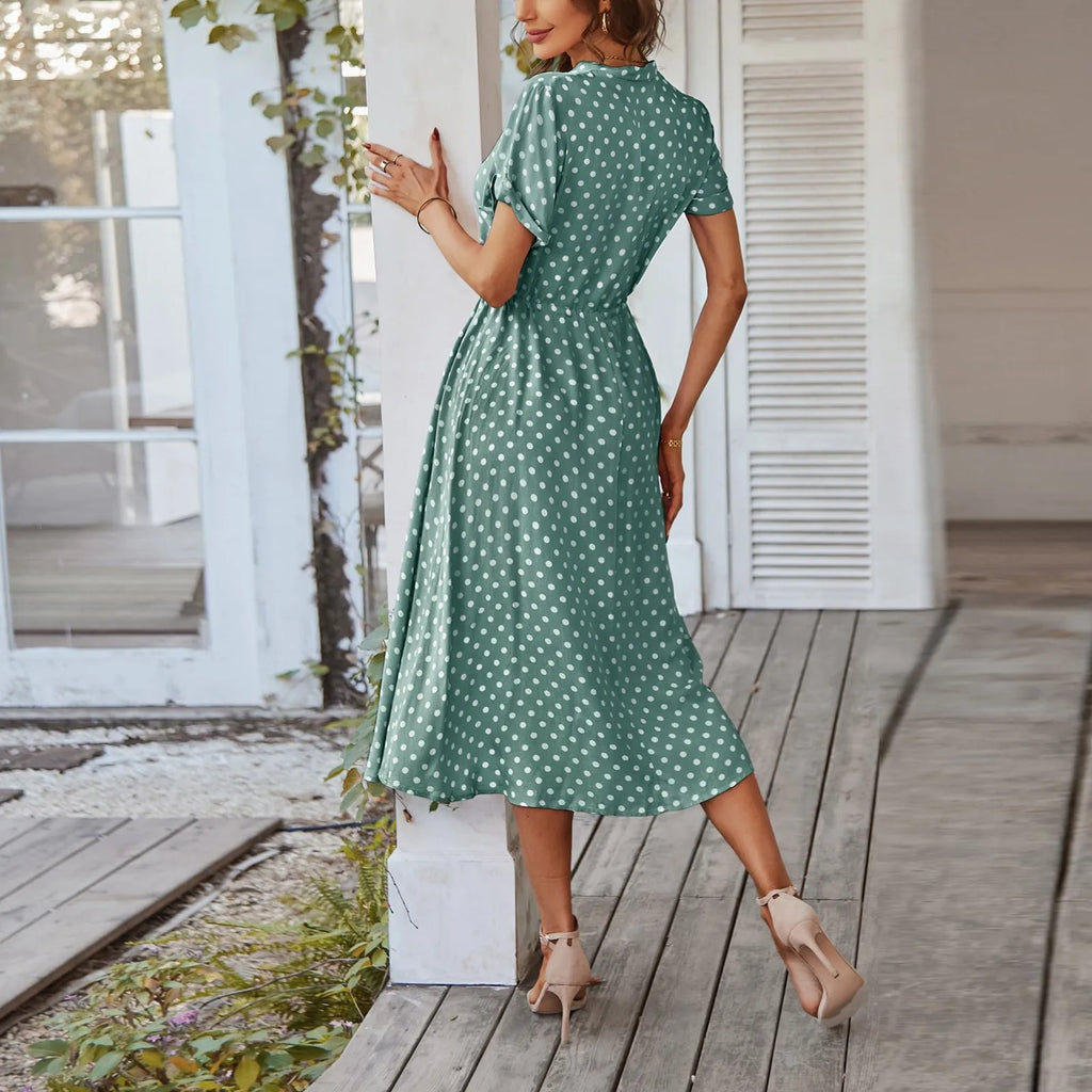 Elegant retro polka dot dress Women's Summer Midi Dress V Neck Single Breasted Short Sleeve Dresses Fashion Print Dress