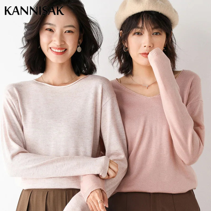 2025 Spring Autumn Womens Sweater Solid Knitwear Korean Loose Female Basic Casual Jumpers Stretch Pullover Sky Blue Pink Sweater