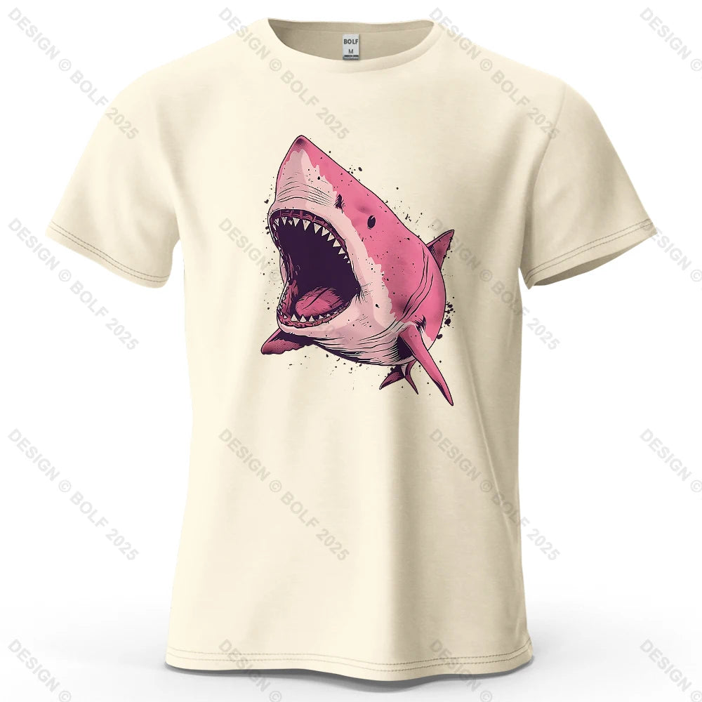Pink Shark Cartoon Image Printed Men's T-Shirt 100% Cotton Oversized Marine Life Graphic Tees for Women Tops Tees Streetwear