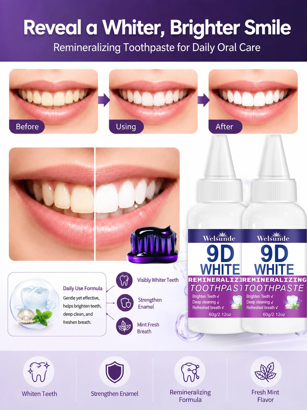 2 Packs Whitening Teeth Toothpaste, Gently Reduce Smoke & Coffee Stains, Toothpaste for Deep Cleaning & Brighter Smile, Purple Remineralizing Hydroxyapatite Toothpaste, with Minty Fresh Breath, Gentle on Gums, Ideal Oral Hygi