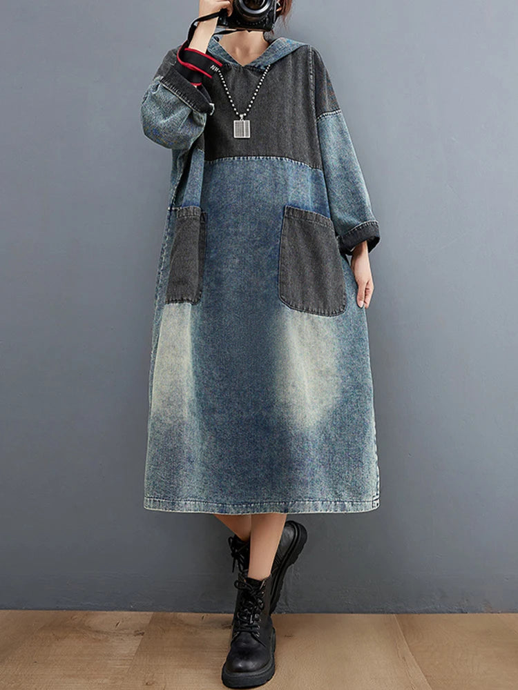 Amax luluE Autumn Womens Loose Vintage Hooded Design Denim Dresses European Style Casual Patchwork Long Vestidos Pockets Dress