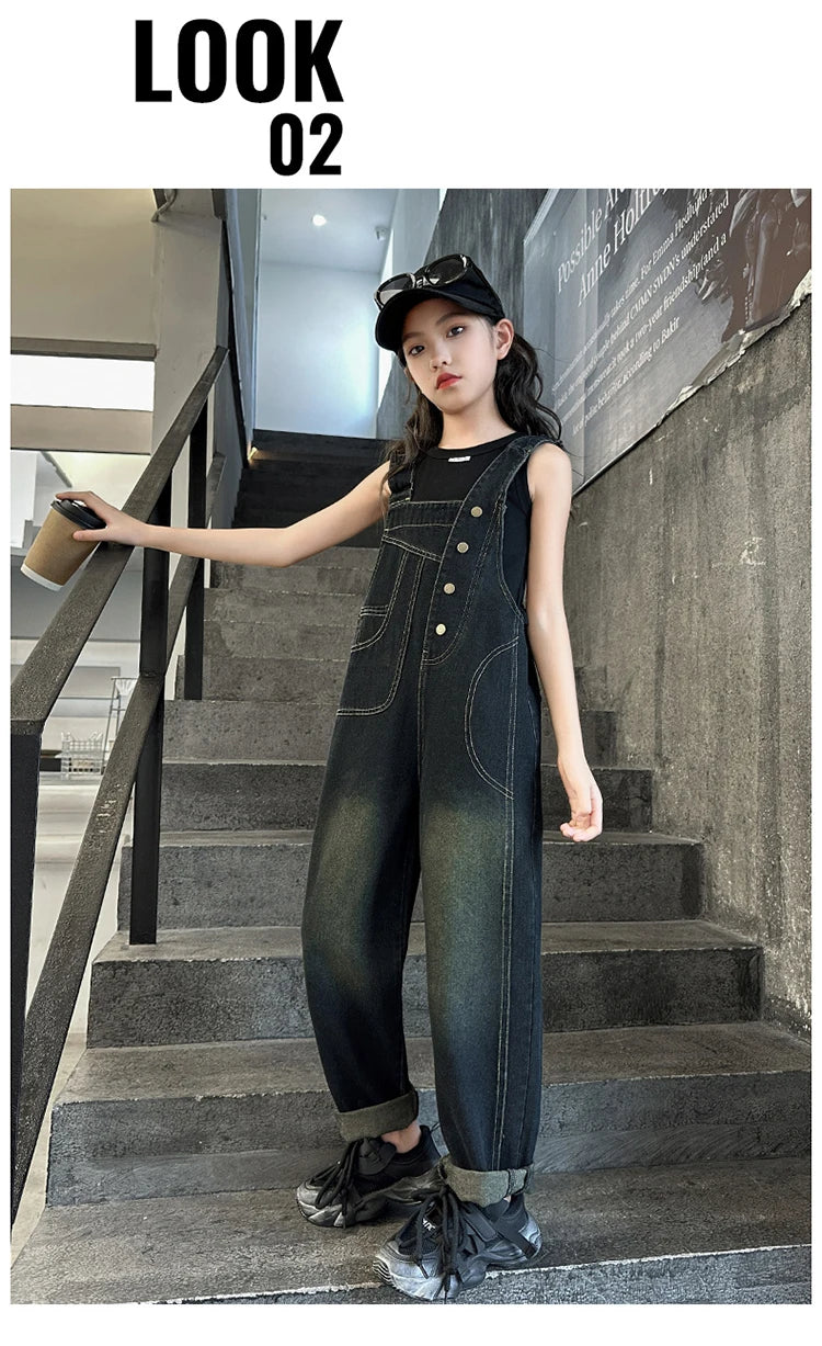 Elegant Children Jeans Jumpsuit with Broken Holes For Girls Fashion Overalls Streetwear Kids Denim Suspenders Pants With Strap