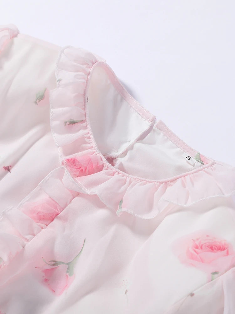 Women Rose Print Dress Puff Long Sleeve Mini Dress Sheer Mesh Ruffle Hem Button Front Fairy Party Short Dresses Summer Wear