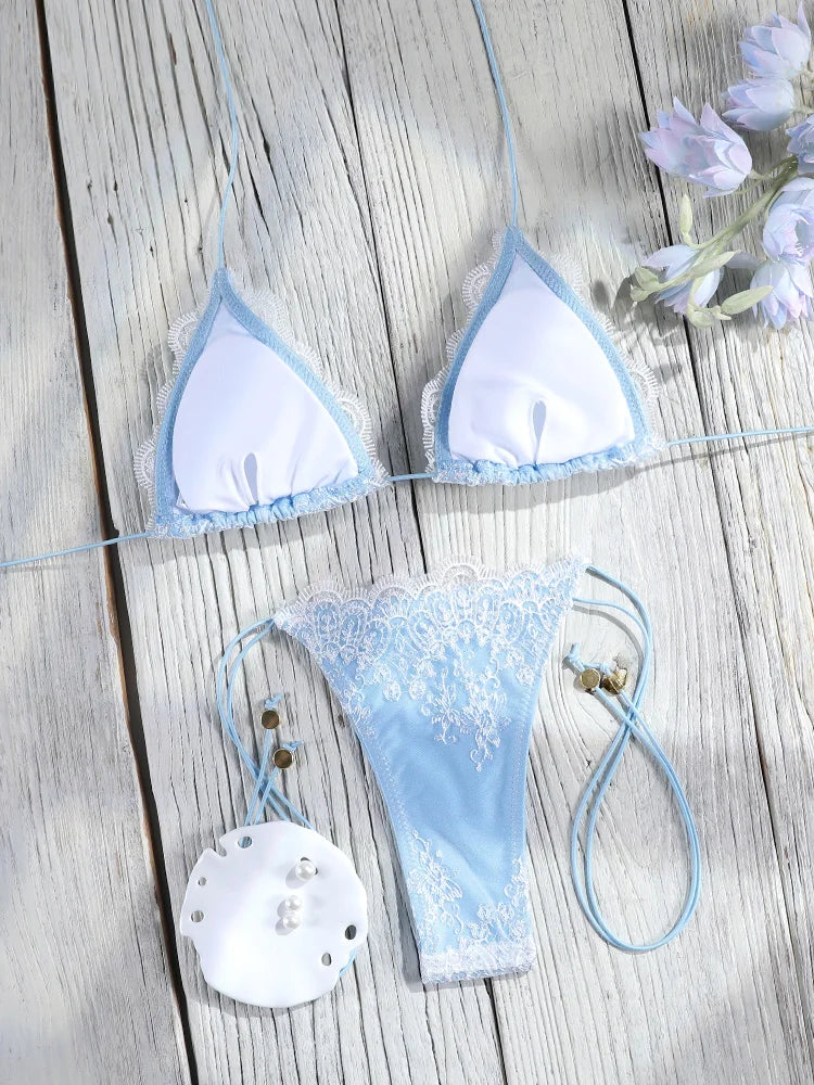 Miyouj Bandage Bikini Sets Triangle Bathsuits Low Waist Bathwear Solid Color Swimwear Women's Swimsuits High Cut Two-Piece Sets