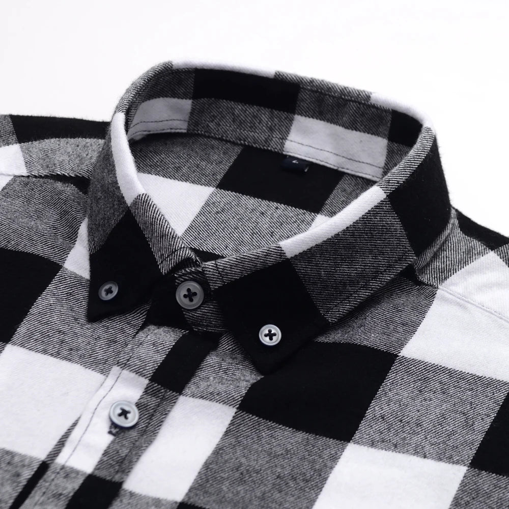 Men's Button Down Collar Contrast Plaid Pure Cotton Flannel Shirt with Left Chest Pocket Slim Fit Comfort Casual Brushed Shirts