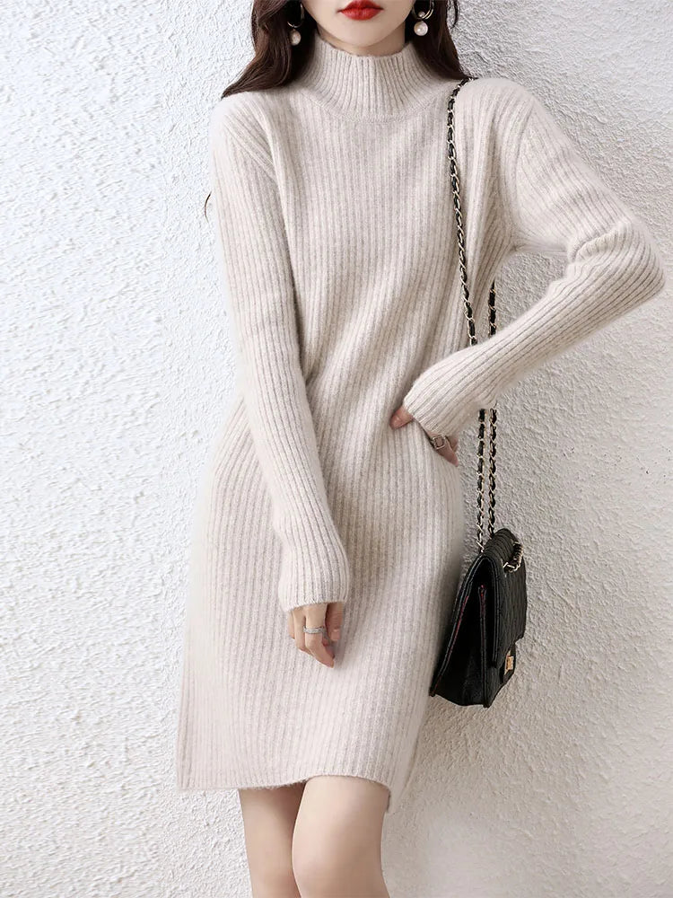 Fashion Cashmere Sweater Womens Knitted Dresses 100% Merino Wool Turtleneck Elegant Dress Autumn Winter Long Sleeve Short Skirts