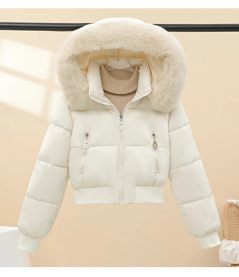 Short Cotton Jackets Long Sleeve Loose Hooded Short Women's Parka Coats Big Fur Collar Winter Down Cotton Padded Coats 2025 New
