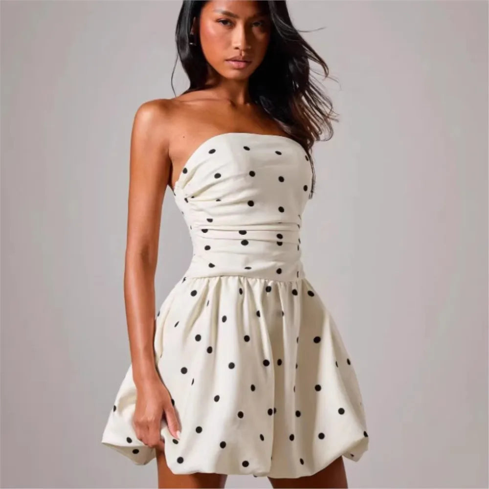Polka Dot Print Tube Top Dress Summer Women's New Casual Loose Sexy Sleeveless Short Puffy Dress Vestidos De Fiesta Elegantes