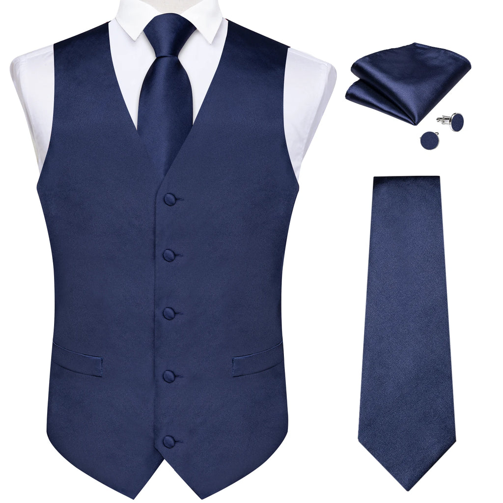 Satin Men's Solid Blue Suit Vest with Tie Handkerchief Cufflinks Business Formal Waistcoat Wedding Prom Men Sleeveless Jacket