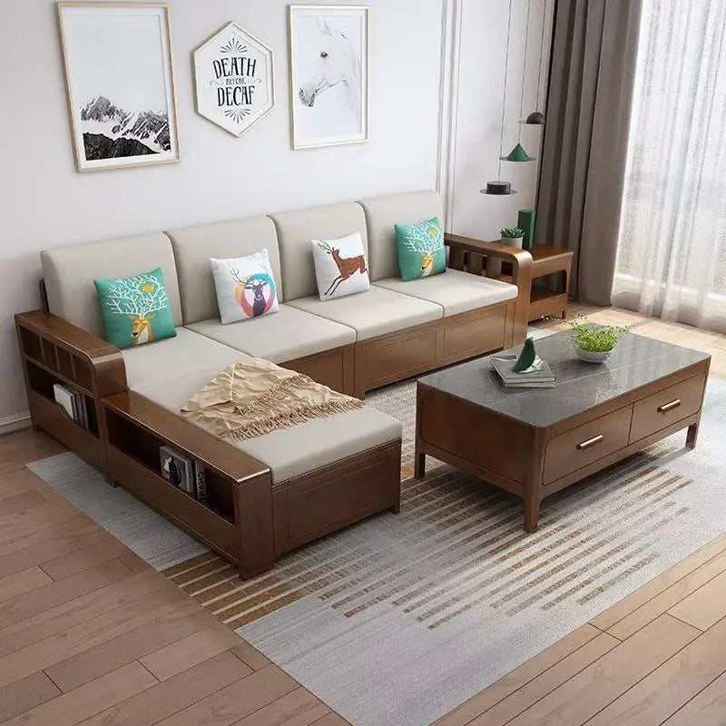 *Living Room Nordic Log Wood Storage Corner Sofa Winter  Summer Dual Use Fabric Wooden Sofa Combination