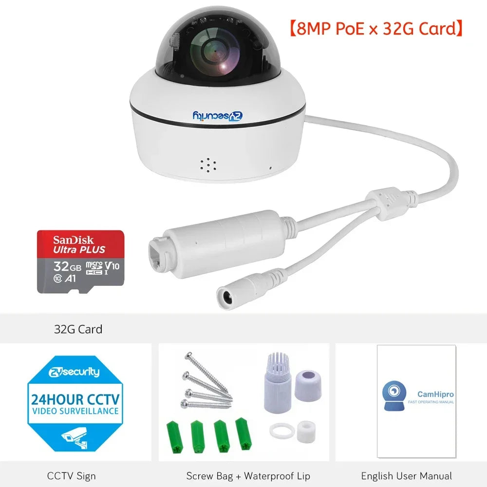 4K 8MP PoE Dome Security Camera Outdoor Human/Vehicle Detect Auto Tracking PTZ Indoor 2-way Audio Wireless IP Cameras Camhipro