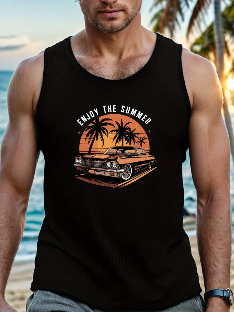 2024 Summer Outdoor Beach Men's Top Hawaiian Style Men's Tank Top Vintage Car Print Tank Top Everyday Casual Sleeveless T-shirt