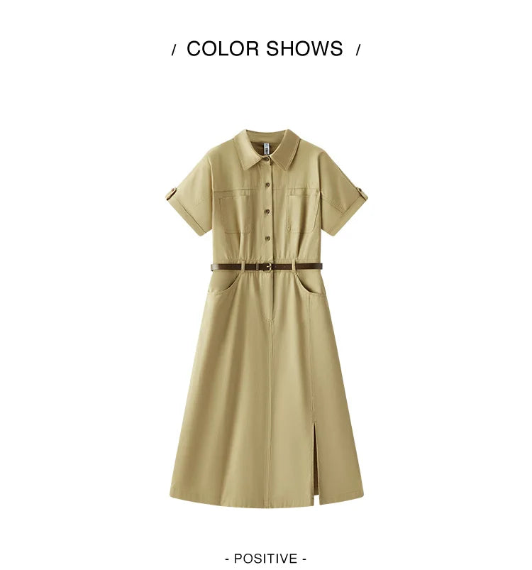 Semir Women Dress Shirt Collar Cotton Slit Midi Belt Slim Vintage Urban Workwear 2026 Summer Fashion Office Top