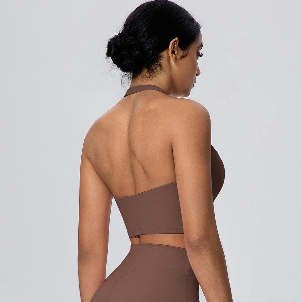 Woman Solid Color Sexy Neck Strap Bra Yoga Underwear With Chest Pad Backless Gather Shockproof Gym Workout Top Sports Yoga Bra