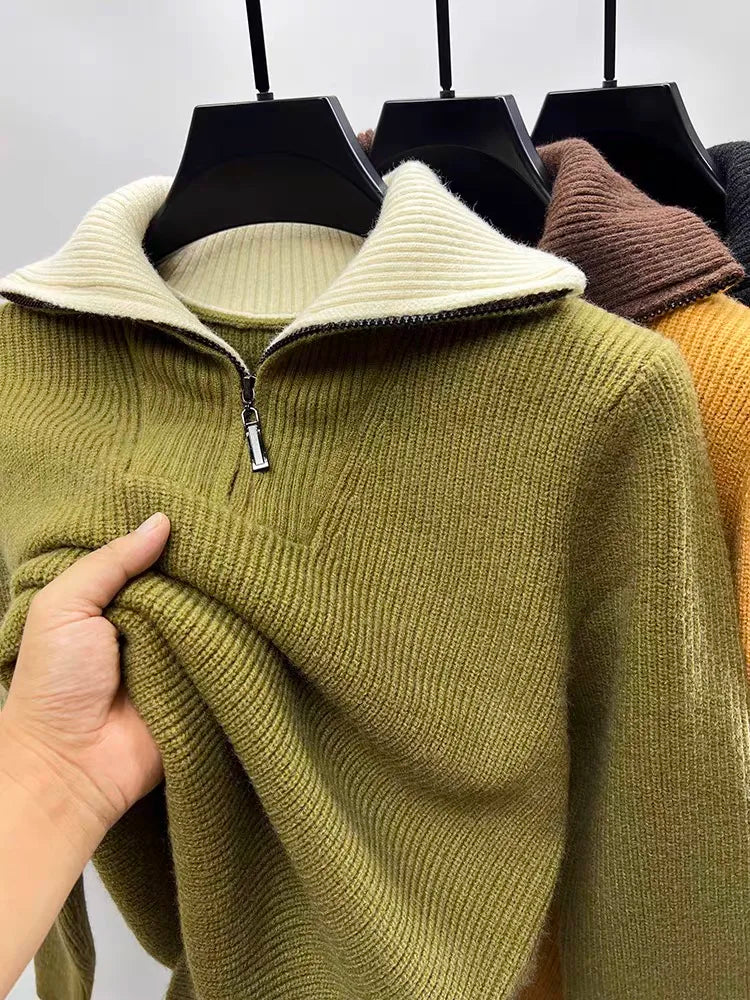 Autumn and Winter Men's Half High Neck Zipper Knitted Sweater Korean Version FashionCasualSolidColor Pullover Thickened and Warm