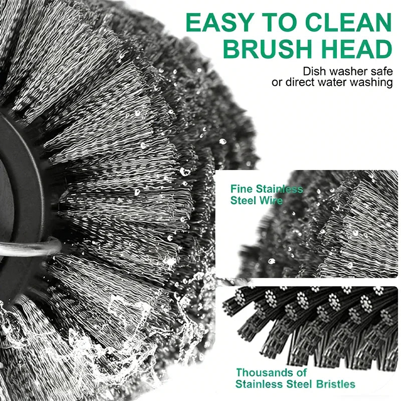Built-in 4000mAh rechargeable battery with 3 adjustable speed modes. The rotating cleaning head delivers powerful scrubbing force to remove burnt grease, charred residue and food debris on grills without strenuous manual brus