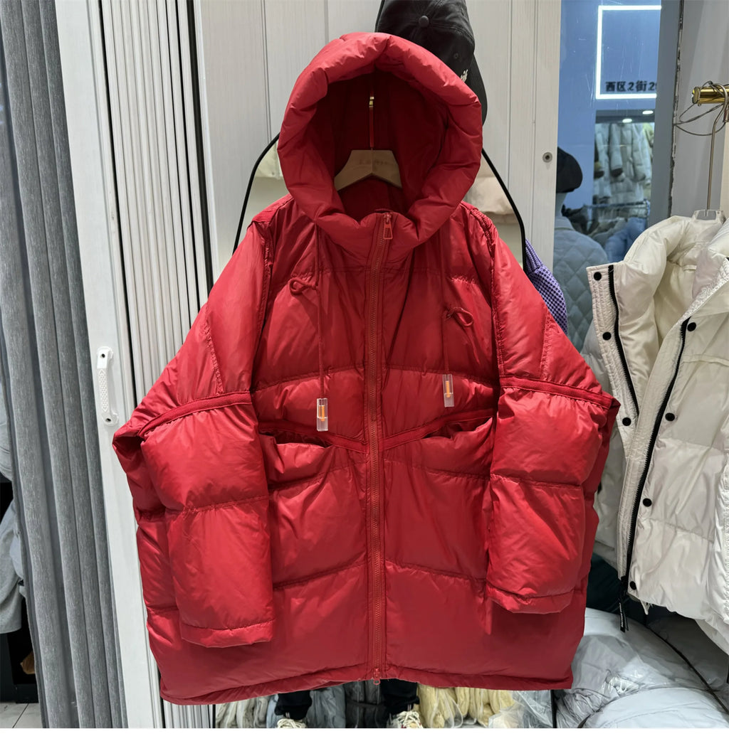2025 New Winter Women 90% White Duck Down Jacket Casual Loose Over Size Warm Parka Female Drawstring Hooded Puffer Coat