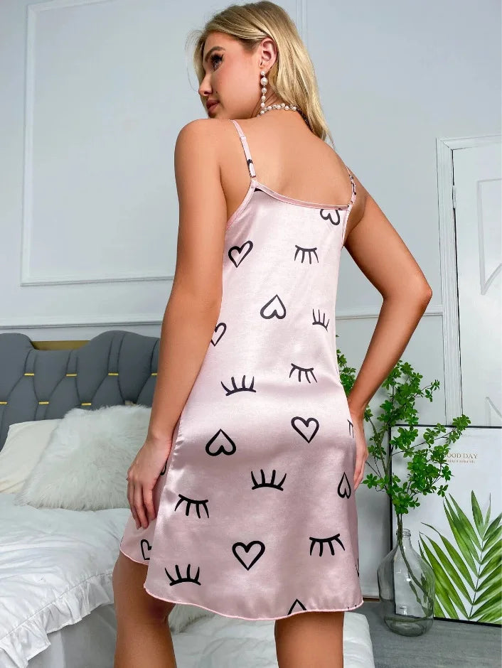 Sleepwear Women's Sexy Lingerie Heart Print Nightdress Scoop Neck Criss Cross Back Sleepdress Nightgowns Pajamas Nighties