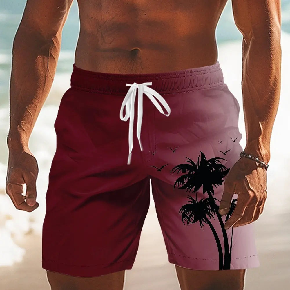 Men's Designer Beach Vacation Swim Shorts,Coconut Tree Gradient Mid Waist Board Shorts with Drawstring Waist for Spring & Summer