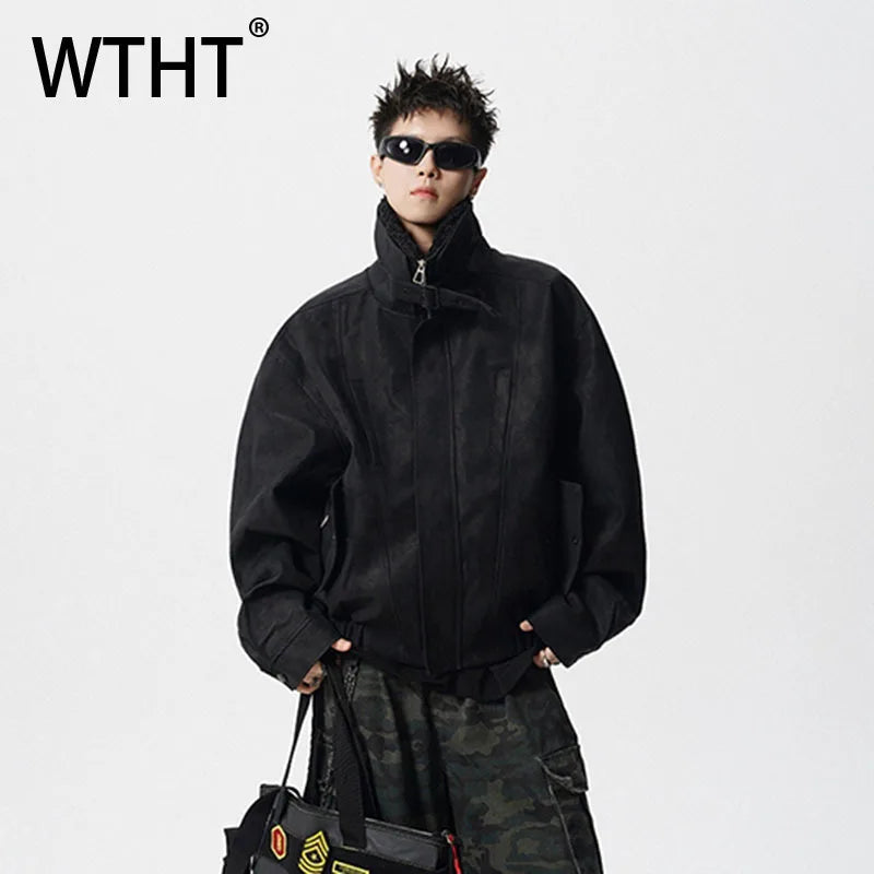 WTHT Fashion Men‘s Plush Spliced Thicken Design Loose Coats Trendy 2025 Autumn Solid Color Laple Casual Jackets Male 2A2218