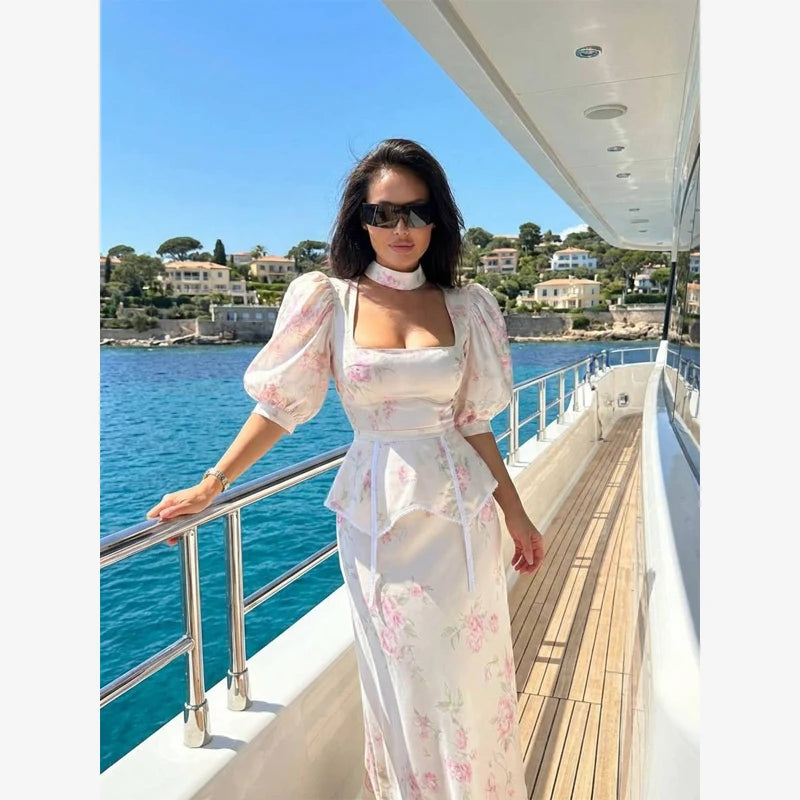 Women Floral Print Short Sleeve Maxi Dress Fashion V-neck Ruffle Trim Belted Slit Hem Dresses Casual Lady Daily Vacation Gowns