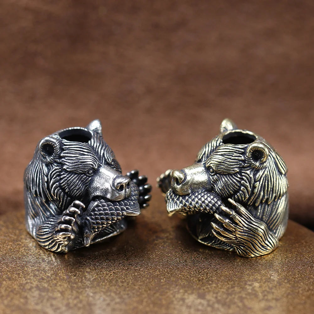 Bear With Salmon Brass Knife Beads EDC DIY Paracord Woven Bracelets Lanyard Pendants Accessories Outdoor Tools Hangings Charms