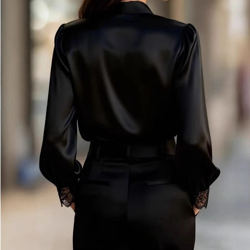 Women's Solid Color Satin Blouse Lace Insert Collared Long Puff Sleeve Shirt Elegant Formal Outfit For Office 2026 Spring