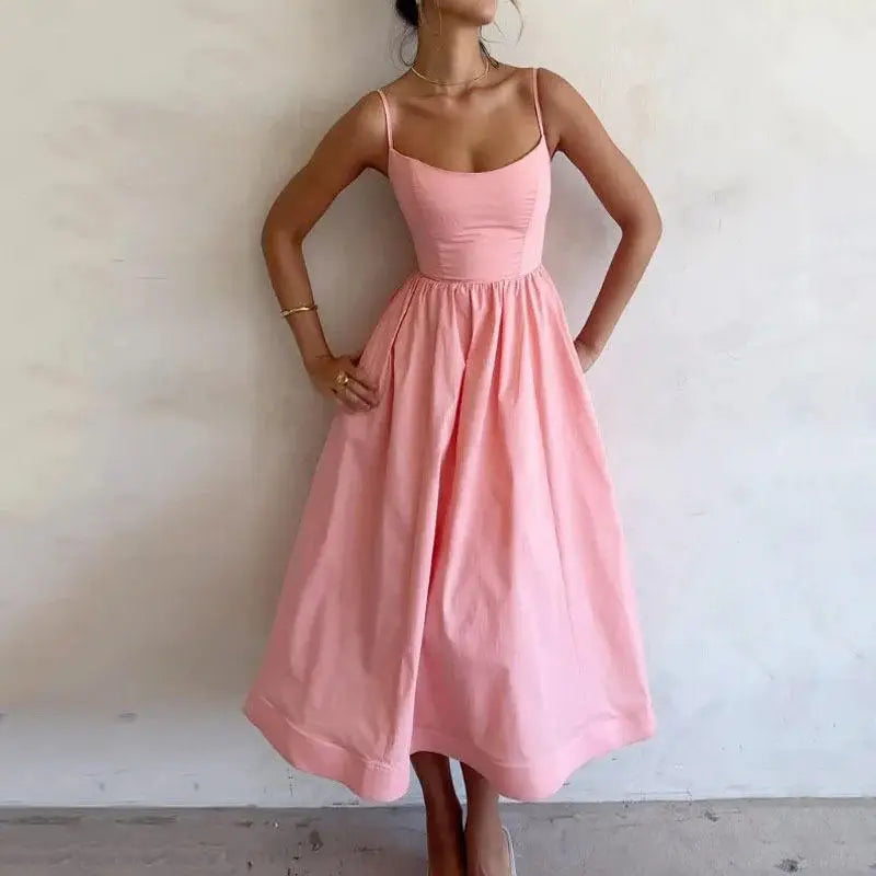 Summer Fashion Casual Sexy Big Skirt Pure Color Strapless Dress Women's mid Waist A-Line Skirt Polyester Fabric No Sleeve